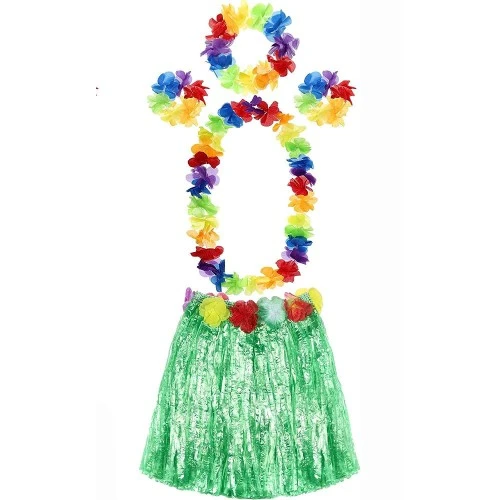 Yetişkin ve Çocuk Uyumlu Luau Aloha Hawaii Yeşil Etek ve Renkli Kolye Taç 2 Adet Bileklik Seti ürün görseli 1