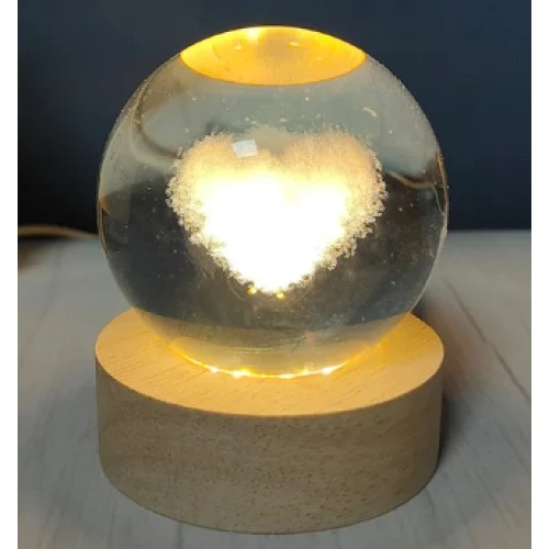 Dekoratif KALP Tasarımlı Ahşap altlıklı Işıklı Cam Küre Büyük Boy 8cm ürün görseli 1