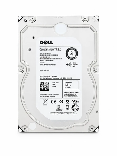 DELL Constellation E.S3 3TB 7.2K 6G SAS 3.5" Server Sunucu Harddisk ST3000NM0023 9ZM278-150 055H49 ürün görseli 1