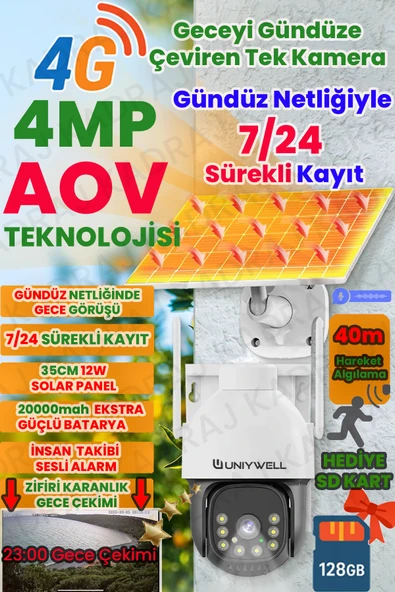 UNIYWELL 6MP AOV Solar Panelli 4G e-SIM Destekli Güvenlik Kamerası – 20000mAh Batarya, 7/24 Sürekli Renkli Kayıt, AI İnsan Takibi, IP66 Su Geçirmez ürün görseli 1