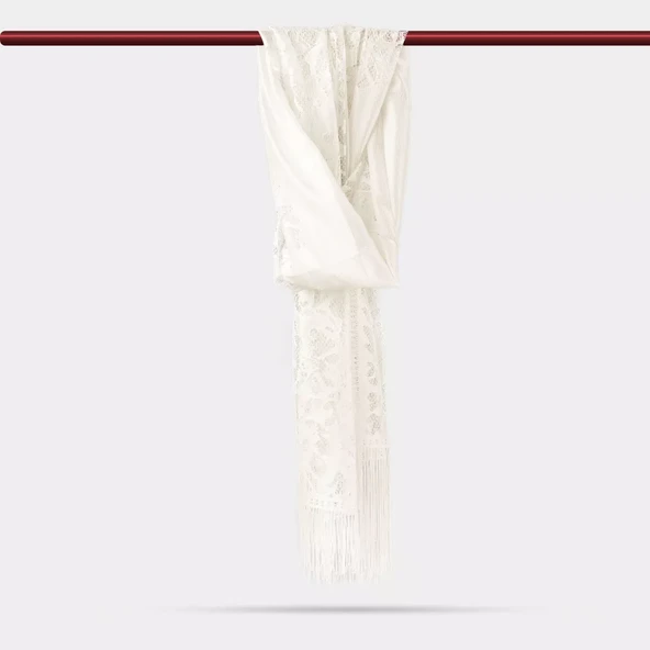 Dantelli Püsküllü Şal (Mevlid Örtüsü, 166x61 cm. Krem) ürün görseli 1