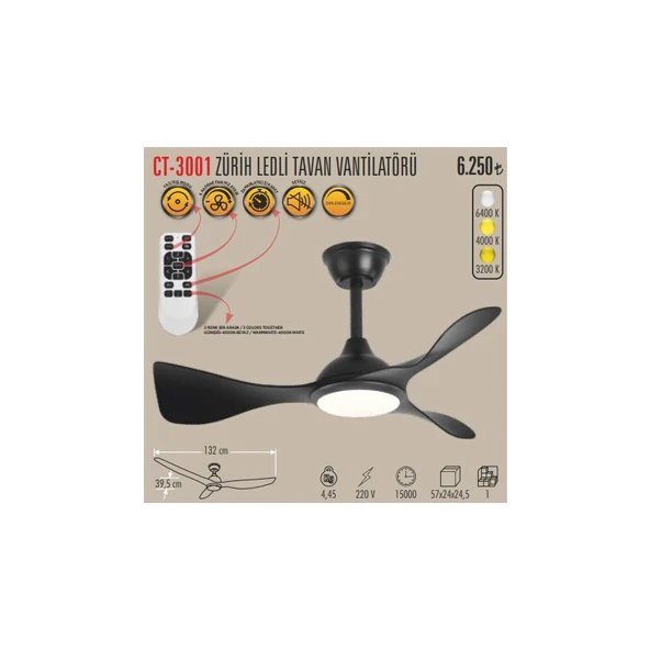 CATA CT-3001 ZÜRİH LEDLİ TAVAN VANTİLATÖRÜ SİYAH ürün görseli 1
