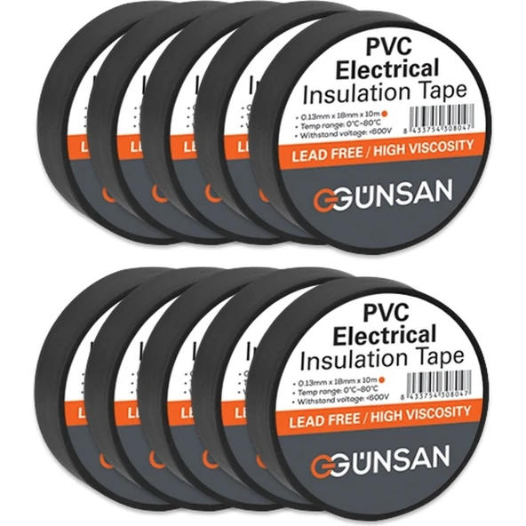 Günsan Elektrik 10 Adet Günsan Elektrik Siyah Izole Bant 0.13X18MMX10M ürün görseli 1