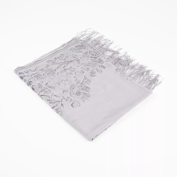 Dantelli Püsküllü Şal (Mevlid Örtüsü, 166x61 cm. Gri) ürün görseli 1