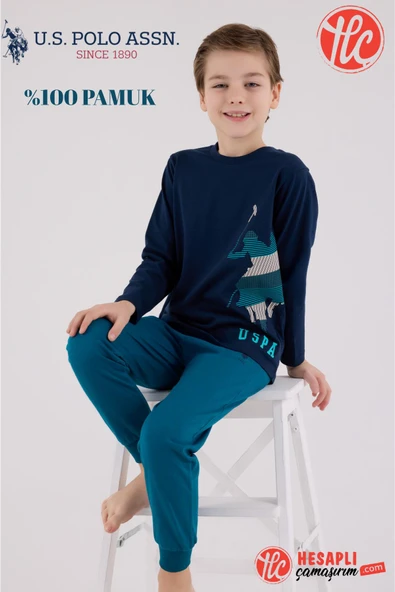 U.S. Polo Assn. Erkek Çocuk Logolu Lacivert %100 Pamuklu Uzun Kollu Paça Lastikli Pijama Takım ürün görseli 1