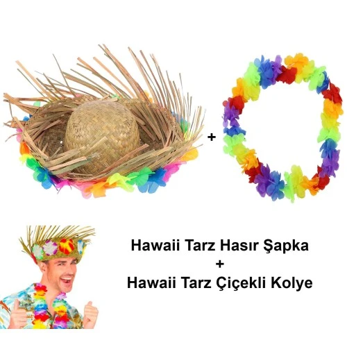 Hawaii Tarzı Tropikal Çiçekli Hasır Şapka ve Çiçekli Hawaii Kolye ürün görseli 1