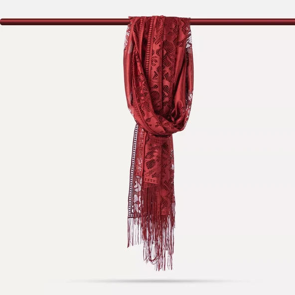 Dantelli Püsküllü Şal (Mevlid Örtüsü, 166x61 cm. Bordo) ürün görseli 1
