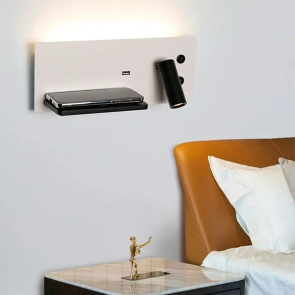 USB Şarj ve Kablosuz Şarjlı Yeni Nesil Modern Yatak Başı Armatürü 7 + 3 Watt Ledli Oynar Başlı Apli ürün görseli 1