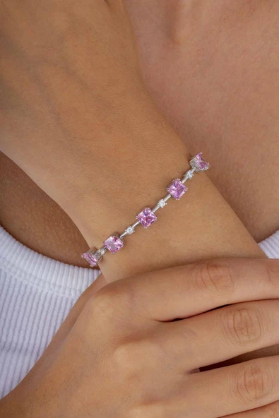Gümüş Pazarım Pembe Taşlı Sıralı Su Yolu Gümüş Bileklik ürün görseli 1