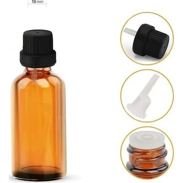 20ml kahvrengi şişe, içten damlalıklı kapak,12 adet Siyah damlatmalı kapak, Esans şişesi, Boş şişe, Aroma Şişesi ürün görseli 1