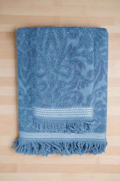 2 Parça Jakarlı Banyo Havlu Takımı %100 Pamuklu 90x150 Cm Arden Mavi ürün görseli 1