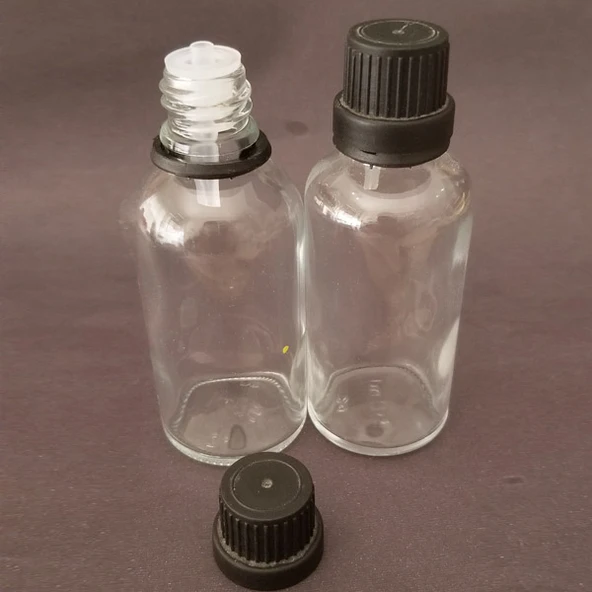 20ml şeffaf, içten damlalıklı kapak, 24 adet Siyah damlatmalı kapak, Esans şişesi, Boş şişe, Aroma Şişesi ürün görseli 1