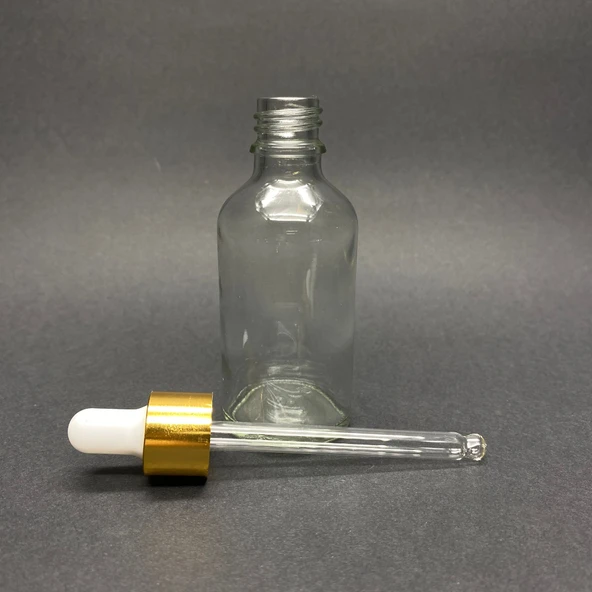50ml Şeffaf, Cam Şişe, 24 adet, Cam Damlalıklı, Ecza şişesi, Propolis şişesi, Gold Kapak Beyaz Emzik ürün görseli 1