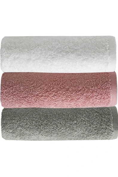 3 lü Düz Renk El Yüz Havlu Seti %100 Pamuklu 50x90 Cm Gri-Gül-Beyaz ürün görseli 1