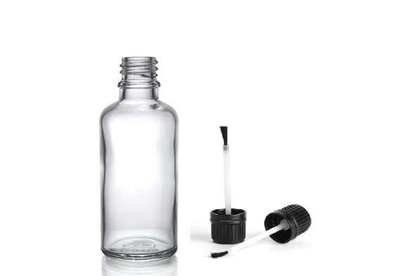 30ml şeffaf cam şişe fırça kapaklı, 12 adet, ecza şişesi, kozmetik şişe, yapıştırıcı şişesi, yağ şişesi ürün görseli 1