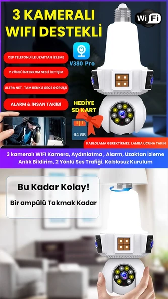 Ampül Kamera, WIFI, 9MP, Alarm, Uzaktan İzleme, Hareket Tabiki, Anlık Bildirim,Gece Görüşü, Kablosuz ürün görseli 1