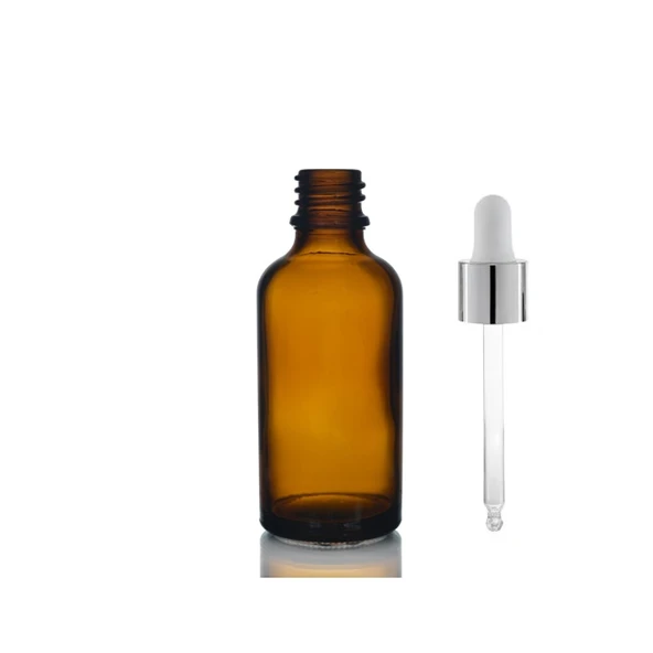 50ml kahverengi cam damlalıklı, 24 adet, Gümüş Kapak Beyaz Emzik, Ecza şişesi, Damlalıklı şişe, propolis şişesi, damlatmalı şişe, saç serum şişesi, ecza şişesi ürün görseli 1