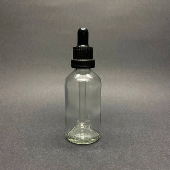 50ml, Şeffaf Cam Şişe, 12 adet, Cam Damlalıklı, Ecza şişesi, Propolis şişesi, Siyah Kapak Siyah Emzik ürün görseli 1