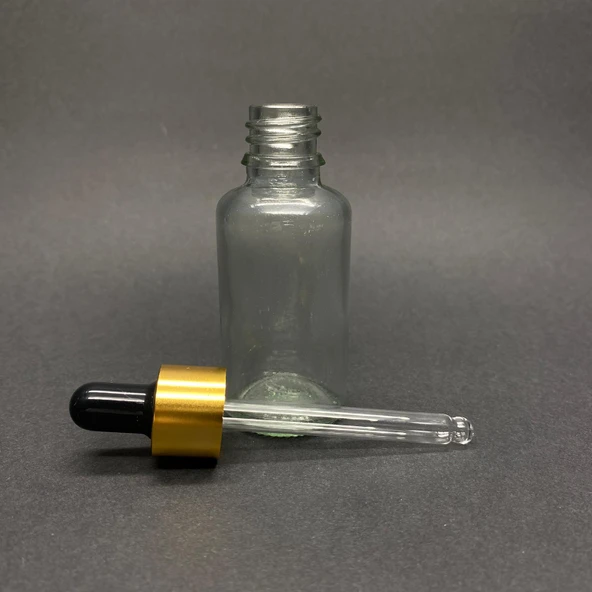 30ml Şeffaf, Cam Şişe, 24 adet, Cam Damlalıklı, Ecza şişesi, Propolis şişesi, Gold Kapak Siyah Emzik ürün görseli 1