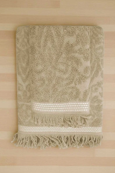 2 Parça Jakarlı Banyo Havlu Takımı %100 Pamuklu 90x150 Cm Arden Bej ürün görseli 1