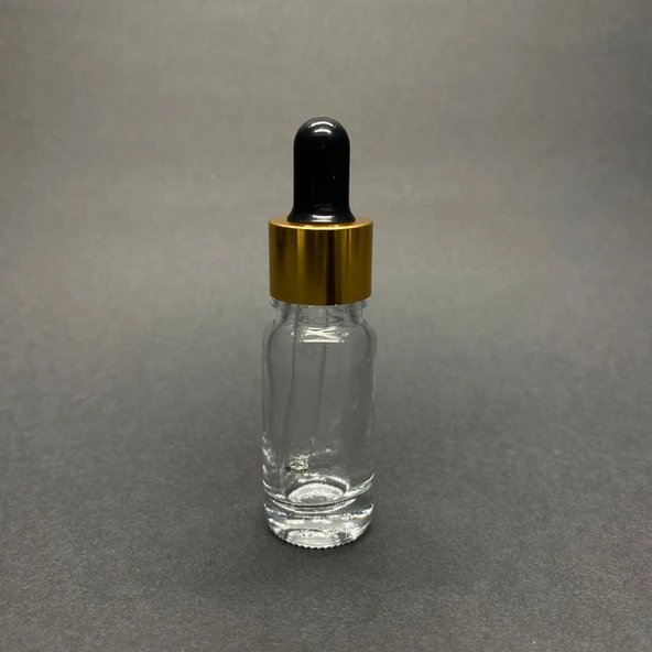 10ml Şeffaf, Cam Şişe, 12 adet, Cam Damlalıklı, Ecza şişesi, Propolis şişesi, Gold Kapak Siyah Emzik Emzik ürün görseli 1