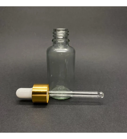 30ml Şeffaf, Cam Şişe, 24 adet, Cam Damlalıklı, Ecza şişesi, Propolis şişesi, Gold Kapak Beyaz Emzik ürün görseli 1