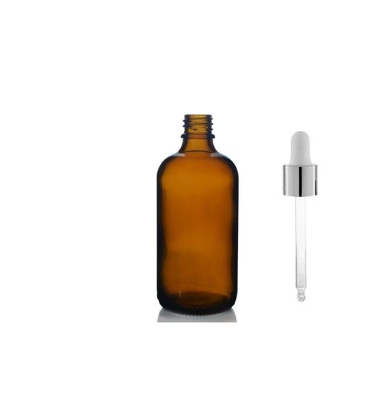 100ml kahverengi cam damlalıklı, 24 adet, Gümüş Kapak Beyaz Emzik, Ecza şişesi, Damlalıklı şişe, propolis şişesi, damlatmalı şişe, saç serum şişesi, ecza şişesi ürün görseli 1