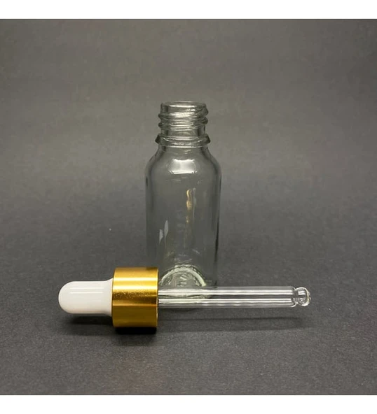 30ml Şeffaf, Cam Şişe, 12 adet, Cam Damlalıklı, Ecza şişesi, Propolis şişesi, Gold Kapak Beyaz Emzik ürün görseli 1
