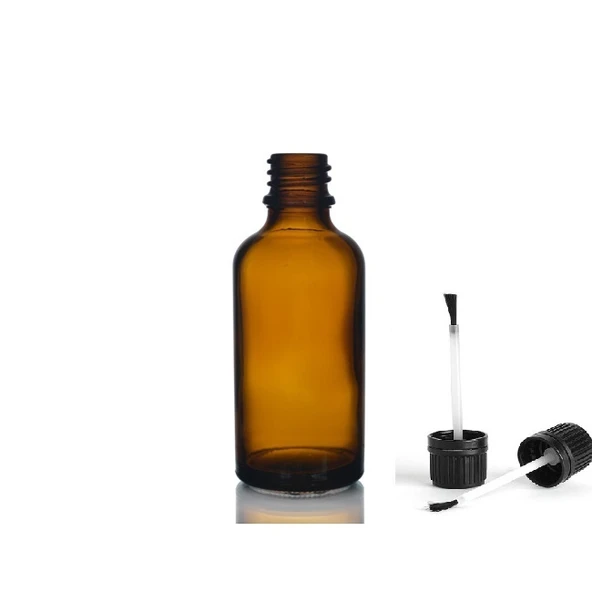 50ml kahverengi cam şişe fırça kapaklı, 12 adet, ecza şişesi, kozmetik şişe, yapıştırıcı şişesi, yağ şişesi ürün görseli 1