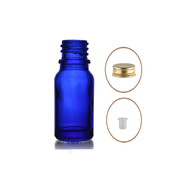 10ml mavi şişe sarı metal düz kapaklı, 24 adet, cam şişe, esans şişesi, yağ şişesi, kozmetik şişesi ürün görseli 1
