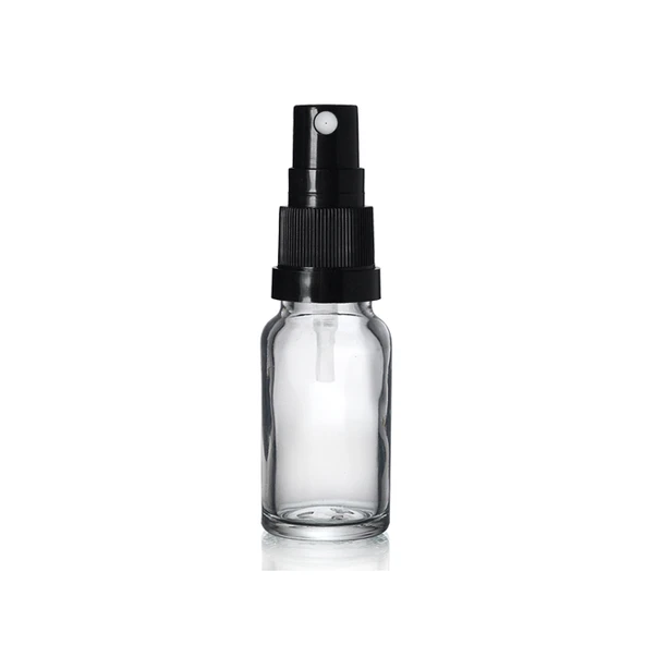 20ml şeffaf cam, siyah sprey başlıklı şişe, 12 adet, cam şişe, sprey şişesi, ecza şişesi, dropper şişe, medikal şişe ürün görseli 1