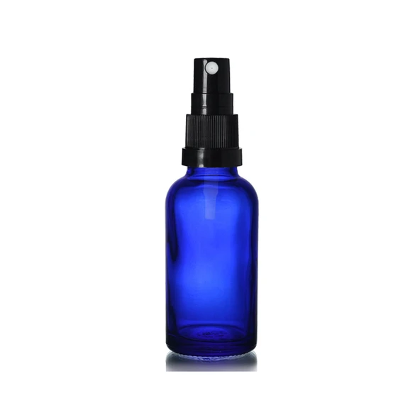 30ml mavi cam, siyah sprey başlıklı şişe, 12 adet, cam şişe, sprey şişesi, ecza şişesi, dropper şişe, medikal şişe ürün görseli 1