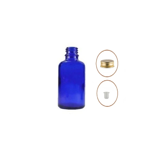 30ml mavi şişe sarı metal düz kapaklı, 12 adet, cam şişe, esans şişesi, yağ şişesi, kozmetik şişesi ürün görseli 1