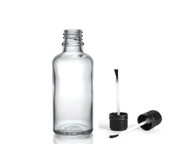 50ml şeffaf cam şişe fırça kapaklı, 24 adet, ecza şişesi, kozmetik şişe, yapıştırıcı şişesi, yağ şişesi ürün görseli 1