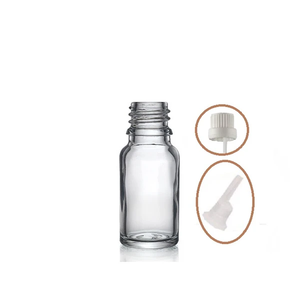 10ml şeffaf cam içten damlalıklı şişe beyaz kapak, 24 adet, damlalıklı şişe, damlatmalı şişe ürün görseli 1