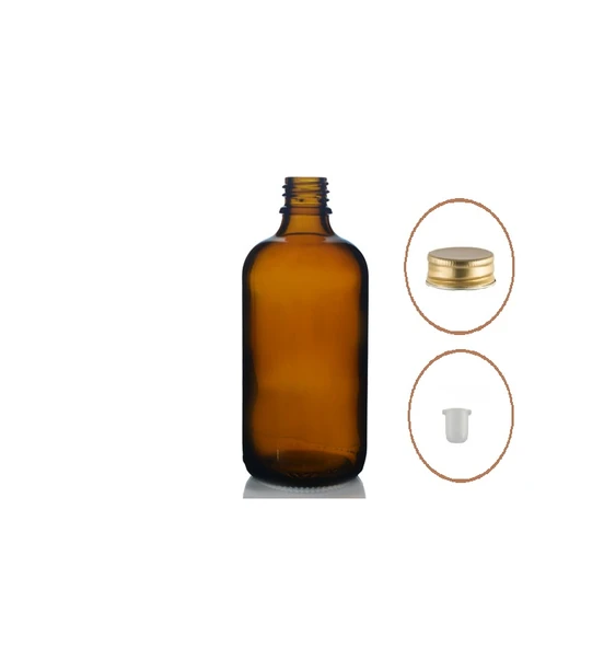 100ml kahverengi cam şişe, sarı metal düz kapaklı, 12 adet, cam şişe, esans şişesi, yağ şişesi, kozmetik şişesi ürün görseli 1