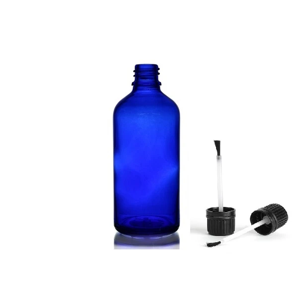 50ml mavi cam şişe fırça kapaklı, 12 adet, ecza şişesi, kozmetik şişe, yapıştırıcı şişesi, yağ şişesi ürün görseli 1