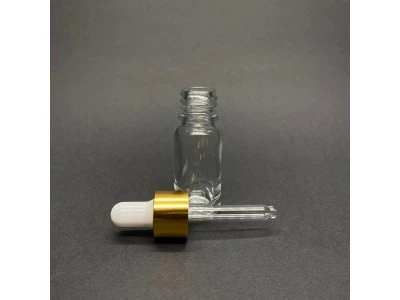 10ml Şeffaf, Cam Şişe, 24 adet, Cam Damlalıklı, Ecza şişesi, Propolis şişesi, Gold Kapak Beyaz Emzik ürün görseli 1