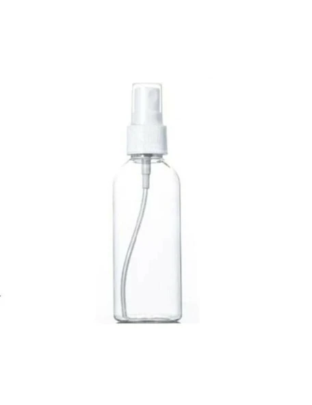 100ml plastik şeffaf şişe beyaz sprey başlık, 12 adet, dezenfektan şişesi, plastik şişe, medikal şişe, boş şişe, parmak sprey başlık, spreyli şişe ürün görseli 1