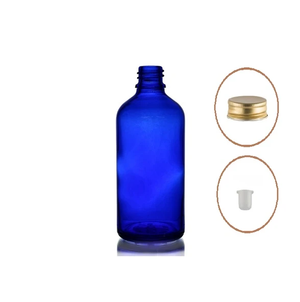 50ml mavi şişe, sarı metal düz kapaklı, 12 adet, cam şişe, esans şişesi, yağ şişesi, kozmetik şişesi ürün görseli 1