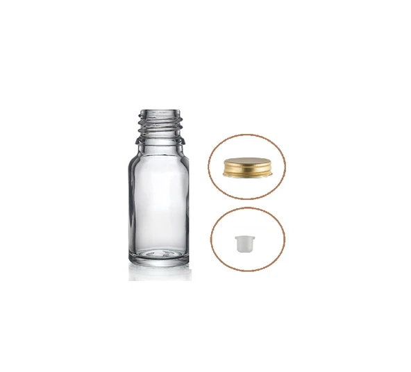10ml şeffaf şişe sarı metal düz kapaklı, 24 adet, cam şişe, esans şişesi, yağ şişesi, kozmetik şişesi ürün görseli 1