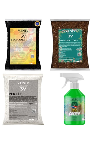 3V Bitki Bakım Yetiştirme Seti-Torf(2L)-Leonardit(2L)-Perlit(2L)-Greener Yeşil Bitkiler için 500 ML ürün görseli 1