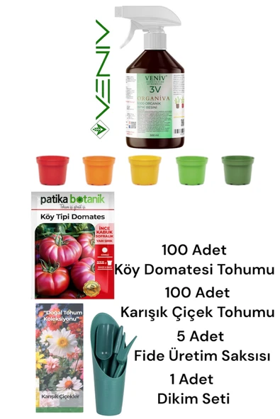 3V 5’li Bitki Yetiştirme Seti – Organik Besin + Çiçek & Domates Tohumu + Dikim Seti + Saksı ürün görseli 1