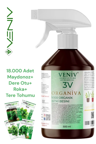 3V Organiva %100 Organik Bitki Besini (500 ml) + 4’lü Yeşillik Tohum Seti– Doğal ve Güçlü Gelişim ürün görseli 1