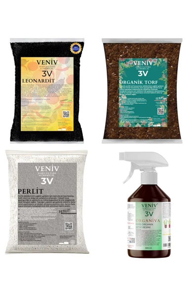 3V Bitki Bakım Yetiştirme Seti-Torf(2L)-Leonardit(2L)-Perlit(2L)-Organiva Organik Besin 500 ML ürün görseli 1