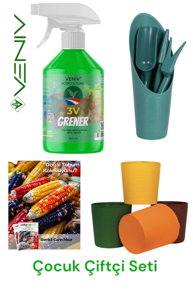 3V Grener Bitki Besini 500 ml + 1 Adet 9.8L Saksı + 4’lü Fide Ekim Seti + 15 Renkli Mısır Tohumu ürün görseli 1