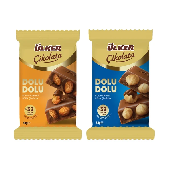 Ülker Dolu Dolu Sütlü Bütün Fındıklı ve Bademli Çikolata 80 gr 2 li ürün görseli 1