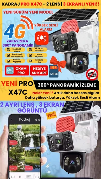 Sim Kartlı Güvenlik Kamerası, Solar Panelli Kamera, 4G  X47C PRO Güvenlik Kamerası, İnsan Takibi, Alarm,  3  EKRANLI Solar Kamera ürün görseli 1