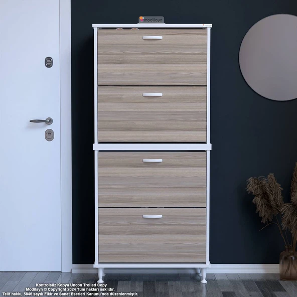 Modilayn UMAY' 2 Li Antre Hol 72 x 168x 25, 5 cm’ lik 4 Düşer Kapak 8 Göz Raf  Bölmeli Ayakkabılık ürün görseli 1