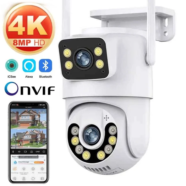4K 8MP Çift Ekran Lens Wifi 2K Poz Kamera IP66 Su Geçirmez Otomatik İzleme Güvenlik Kamerası ürün görseli 1
